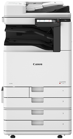 Canon imageFORCE C3026 front view with paper cassettes