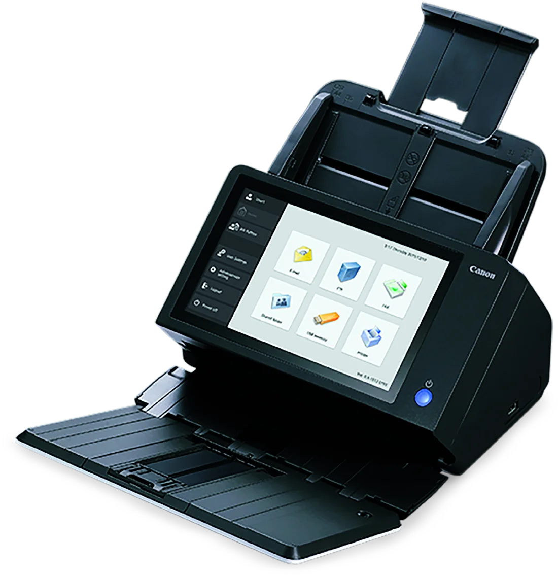 Canon imageFORMULA ScanFront 400 networked document scanner with its colour touchscreen open