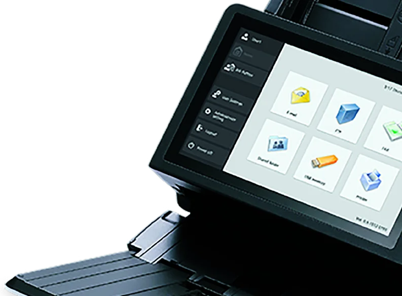 Close-up of the Canon imageFORMULA ScanFront 400 touchscreen showing scan-to destination job buttons