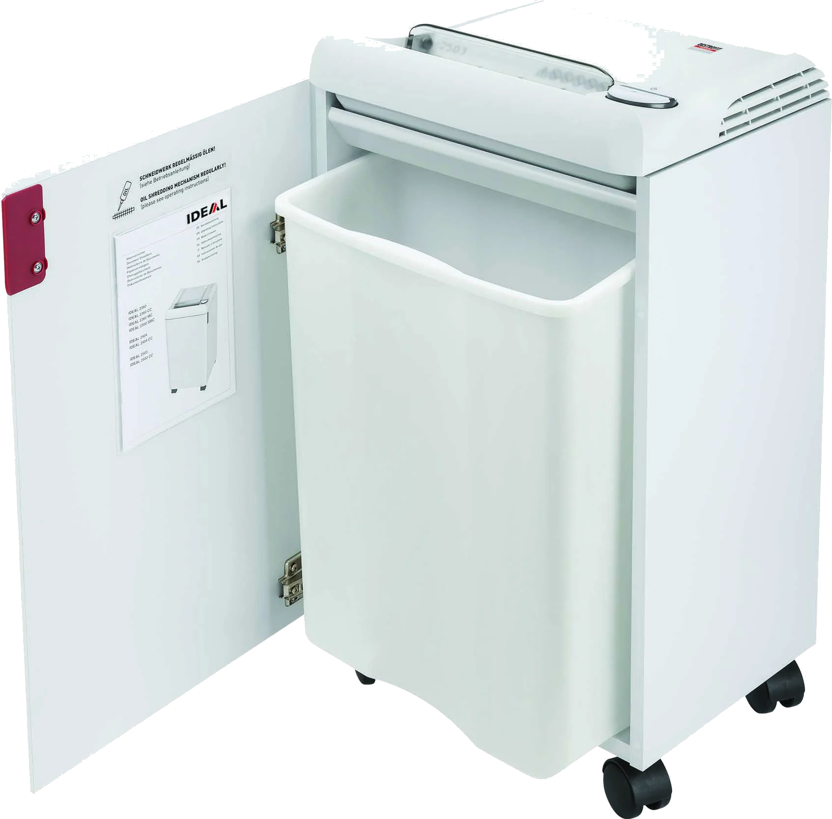 Ideal Destroyit 2503 shredder with cabinet open, showing the environmentally friendly shred bin
