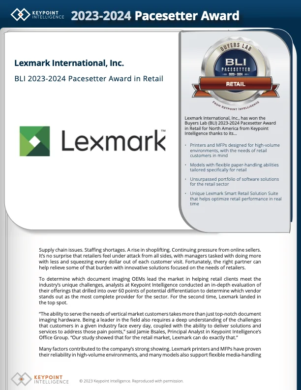 Front page of Lexmark BLI 2023-2024 Pacesetter Award in Retail flyer from Keypoint Intelligence