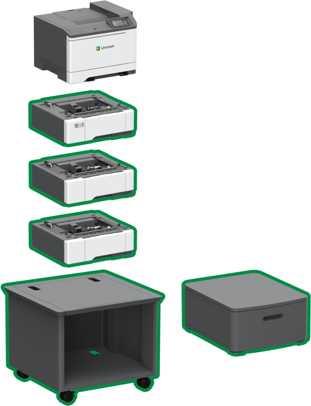 Lexmark C2335 shown with optional trays, adjustable stand, and swivel cabinet