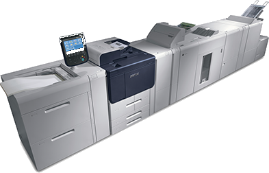 Xerox® PrimeLink® B9136 production press with inline finisher and output tray