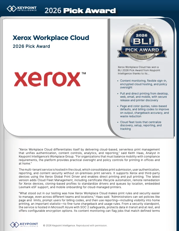 Front page of Xerox Workplace Cloud 2026 Pick Award flyer from Keypoint Intelligence